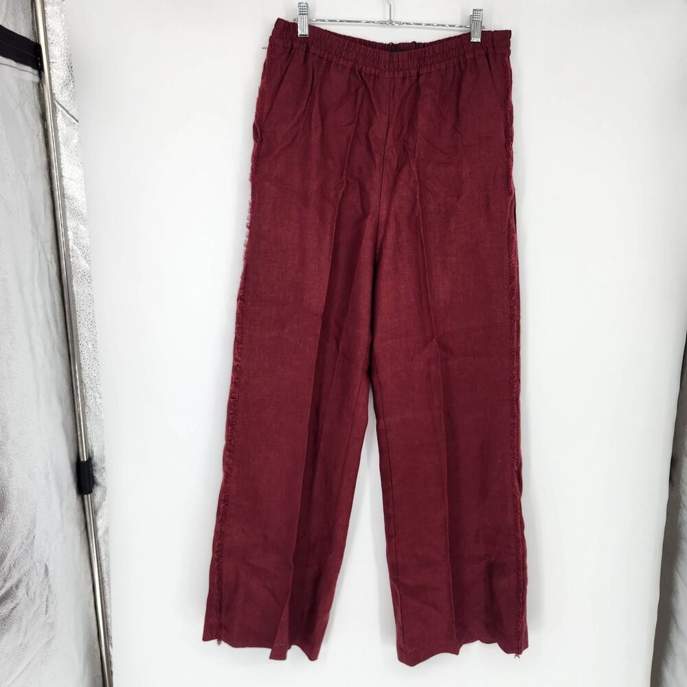 MANGO MNG Women's Dark Red Large 100% Linen Pull On Trouser Pants NWT